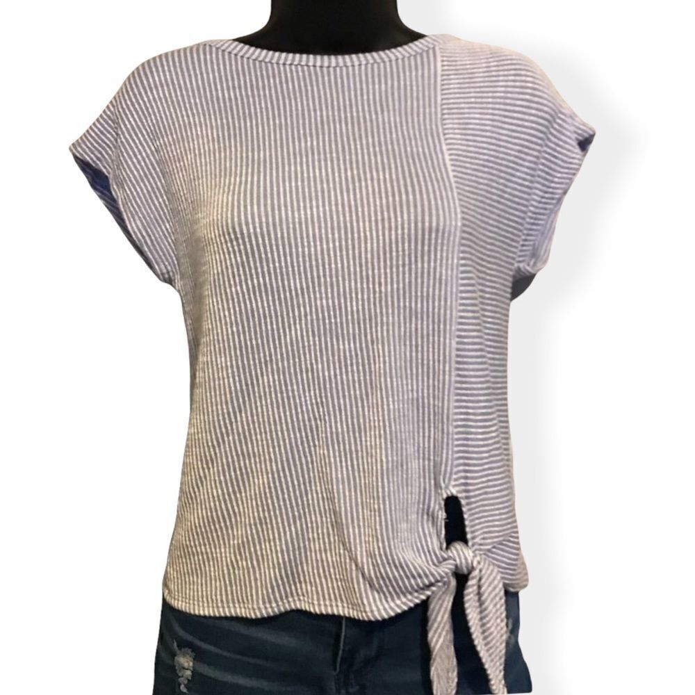 𝅺Caution to the Wind Blue Stripped Left Tie Knot Crew Neck Blouse